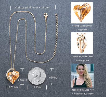 Leafael 18K Rose Gold Plated Love Heart Pendant Necklace with Healing Stone Crystal Jewelry Gifts for Women, 18"+2"