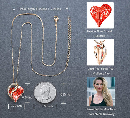 Leafael 18K Rose Gold Plated Love Heart Pendant Necklace with Healing Stone Crystal Jewelry Gifts for Women, 18"+2"