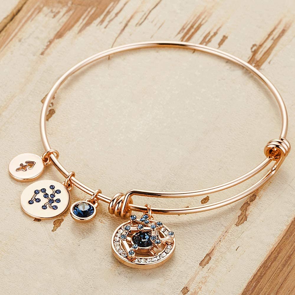 Leafael Superstar Zodiac Expandable Bangle Bracelet Made with Premium Crystals Horoscope Constellation October November Birthstone Topaz Brown Jewelry, Rose Gold Plated, 7"