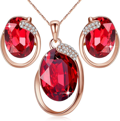 Leafael [Presented by Miss New York Austrian Crystal Rose Gold Plated Oval Double Circle Shape Red Magma Jewelry Set Earrings Pendant Necklace, 18" +