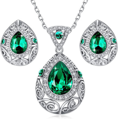 Leafael [Presented by Miss New York] Teardrop Filigree Vintage Style Jewelry Set Earrings Pendant Necklace Made with Premium Crystals, Silver-Tone, 18" + 2", Nickel/Lead Box